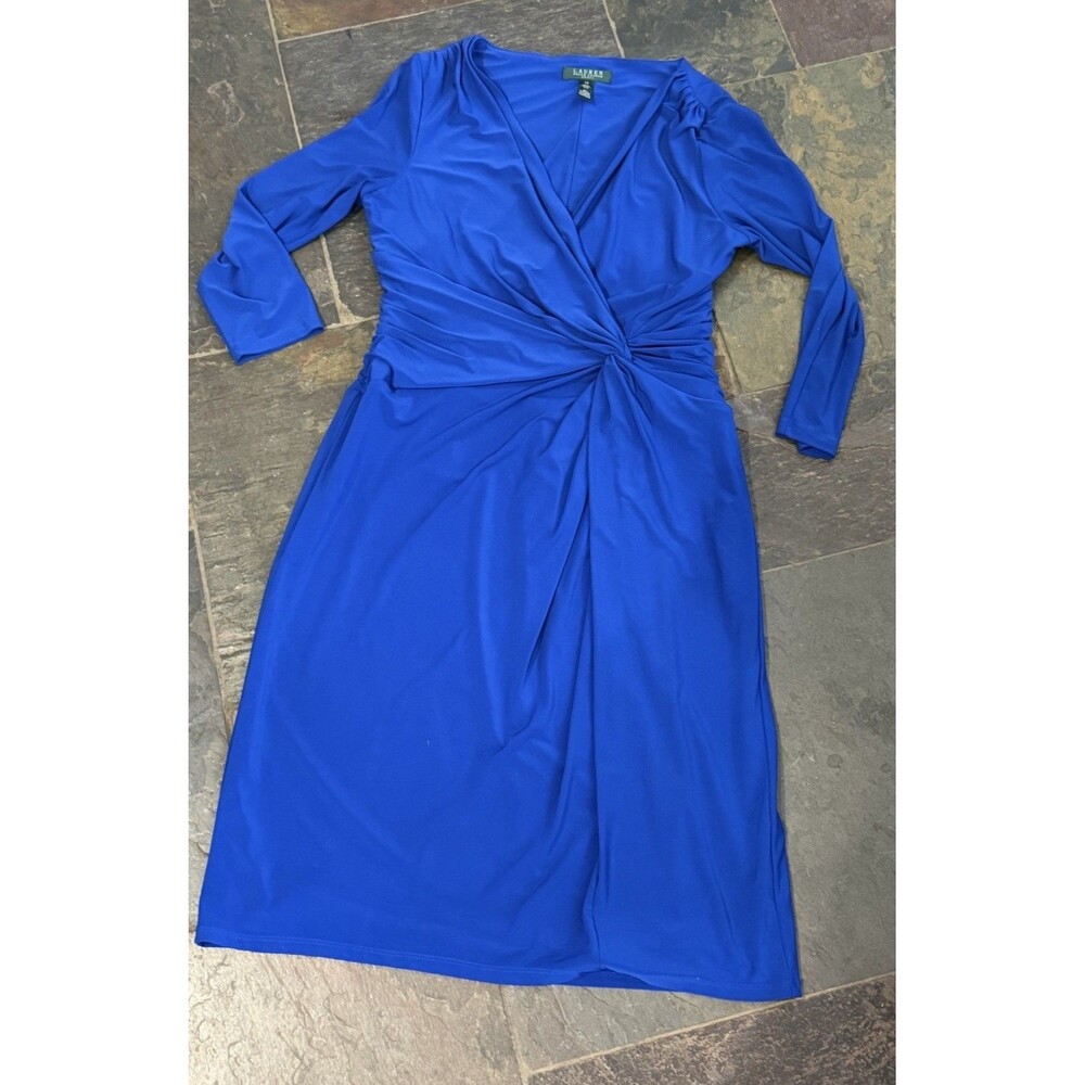 Lauren Ralph Lauren Dress Womens 14 Cobalt Blue Twist Knot Ruched Faux Wrap Midi